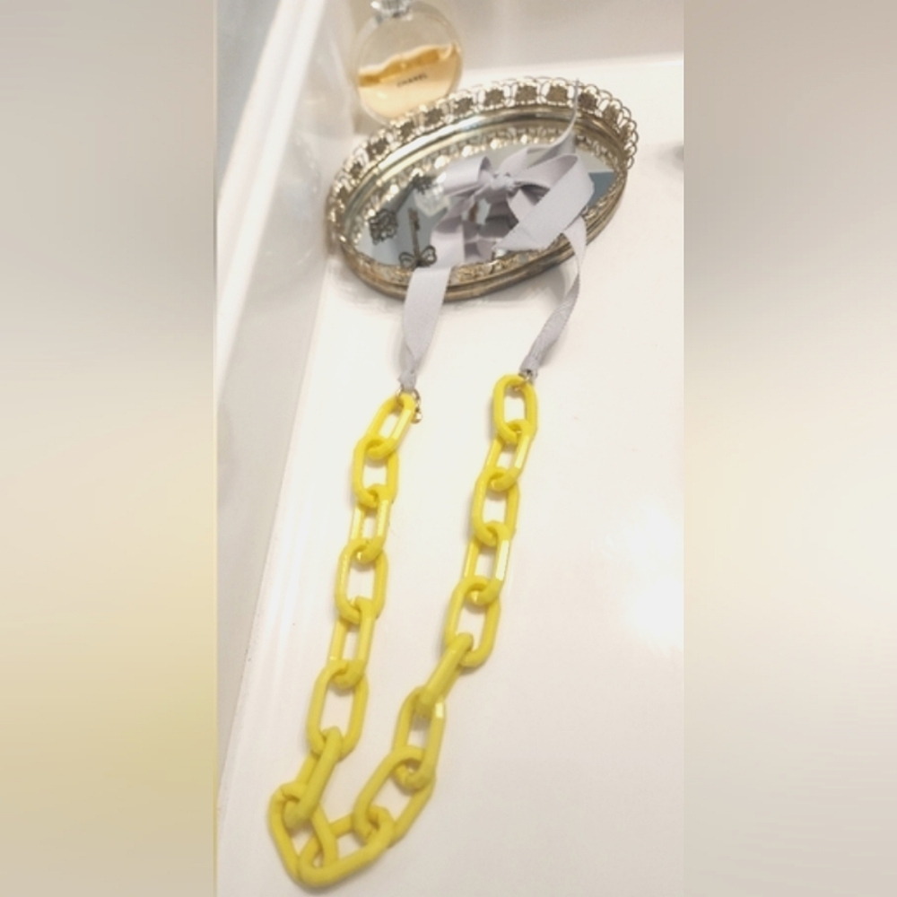 J.CREW Neon Yellow Chunky Lucite Link Chain with Beige Ribbon